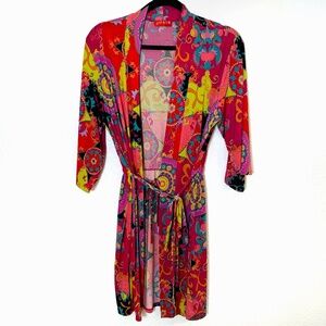 JOSIE Natori Short Robe Size Small Multicolor Print Boho Whimsy Hippie Pink